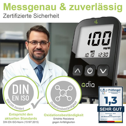 adia blood glucose meter (mg) with 60 blood glucose test strips, 10 lancets, 1 lancing device, 1 case, value set for blood glucose self-monitoring in diabetes