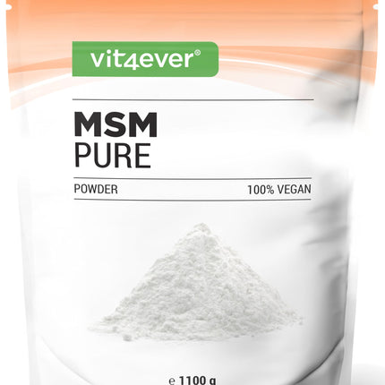 MSM Powder - 1.1 kg (1100 g) - 99.9% pure crystalline methylsulfonylmethane - Mesh factor 40-80 - Organic sulfur - Vegan