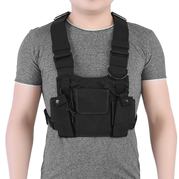 Heayzoki chest pockets for walkie talkies, harness pockets for radios and antennas, chest pockets for personal devices, adjustable backpack for tools, carrying vest