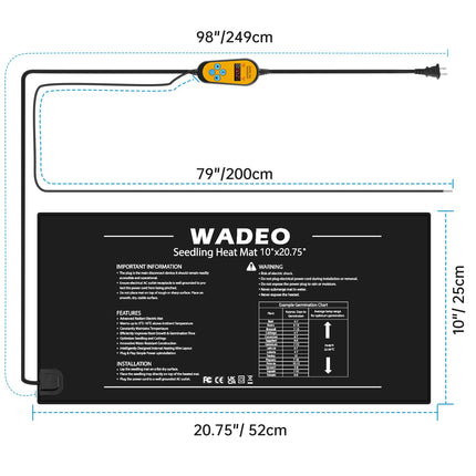 WADEO Plant Heating Mat 52 x 25 cm, Seedling Heating Mat with Thermostat 5°C to 45°C, Greenhouse Heating Mat Waterproof, Warmer Bed Mat for Seedling Germination