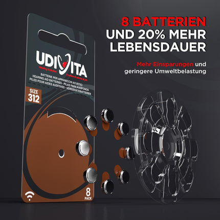 80 hearing aid batteries Udivita size 312 (brown) PR41 Zinc-Air with Sound Fusion technology – 10 blisters with 8 batteries