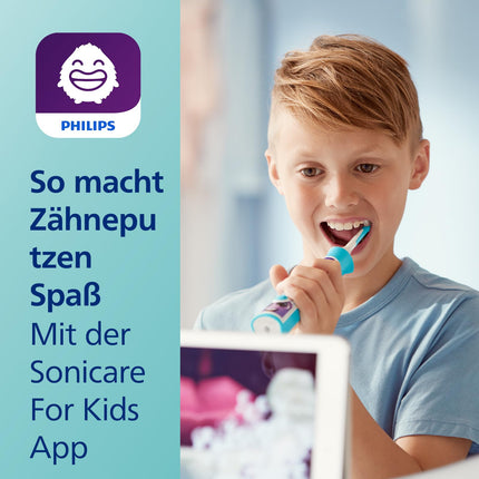 Philips Sonicare For Kids, electric sonic toothbrush with app, for children 3 years and older, with SmarTimer and QuadPacer for thorough cleaning, turquoise, model HX6322/04