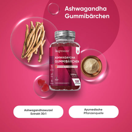 Ashwagandha 1200mg - 120 Gummies - 2 Month Supply - Vegan &amp; Gluten-Free - Natural Raspberry Flavor - Ashwagandha Root Extract (Withania Somnifera) by WeightWorld