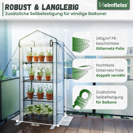 Heimfleiss® 4-level plastic greenhouse | Small balcony greenhouse | Storm- and winter-proof garden propagator | Plant tent made of plastic and metal frame | Propagation shelf for balcony greenhouse