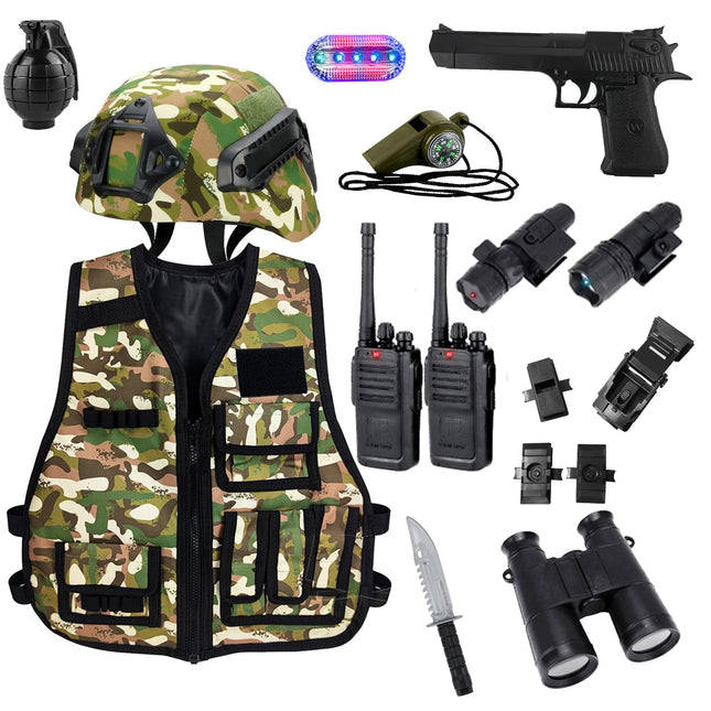 KalaDuck Military Costume Kids, 12 Pieces Military Equipment Toy with Airsoft Tactical Helmet, Military Vest, Walkie-Talkie, Role Play Halloween Army Soldier Camouflage Suit for Boys Girls