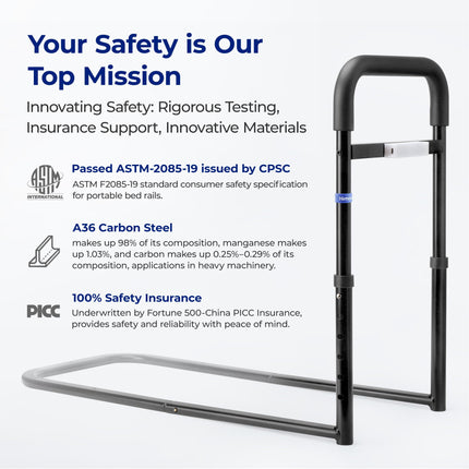Bed riser, grab bars for seniors, bed entry aid, height-adjustable grab bar for seniors, LED sensor light to prevent falls at night, safety and stability