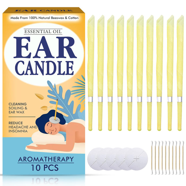 Ear candles, ear candles for cleaning earwax, 10 pcs, natural and non-toxic cylinder with safety filter, protective discs and cotton swabs