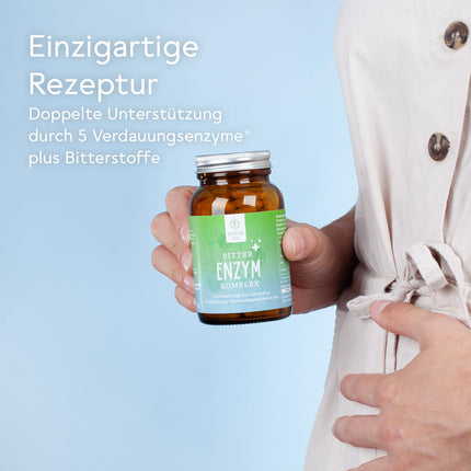 BitterLiebe Bitter Enzyme* Complex Capsules with 5 digestive enzymes - against flatulence - with papain, lactase, alpha-amylase, lipase, and protease - Monthly pack