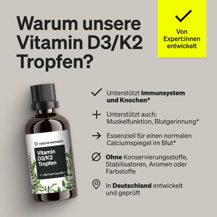 Vitamin D3 + K2 Drops 50ml - Premium: 99.7+% All-Trans (K2VITAL® by Kappa) + highly bioavailable vitamin D3 - Laboratory-tested, high-dose, liquid, and produced in Germany