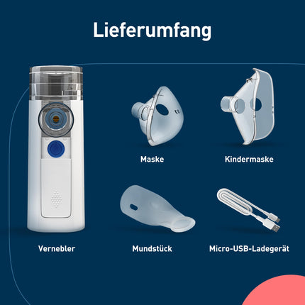 mini Air 360+ distributed by OMRON | Portable, silent nebulizer for adults and children | Inhaler including two masks and mouthpiece | Cough and cold relief | Micro-USB charging