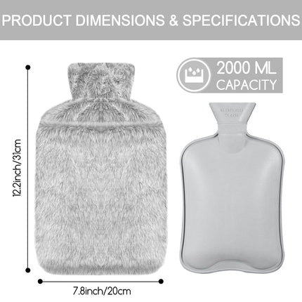 Jsdoin Hot Water Bottle with Cover - 2.0L Leak-Proof Hot Water Bottle, Natural Rubber + Fluffy Hot Water Bottle, Hot Water Bottle for Neck and Shoulder, Back, Legs, and Waist Warming (Gray)