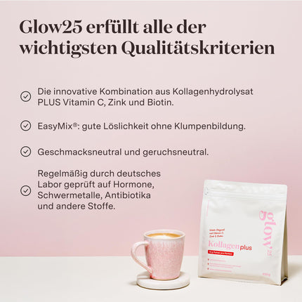 Glow25® Collagen Plus [450g] - Collagen Hydrolysate with Vitamin C, Zinc, and Biotin - Peptides Type 1 and 3 - Good Solubility - Neutral