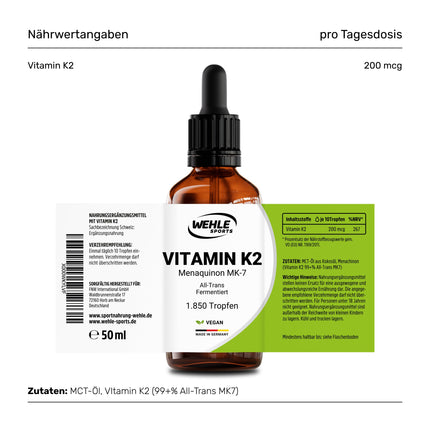Vitamin K2 MK7 200µg 1850 drops 50ml - Premium: 99% All-Trans Menaquinone - Laboratory tested, vegan, high dosage, and made in Germany.