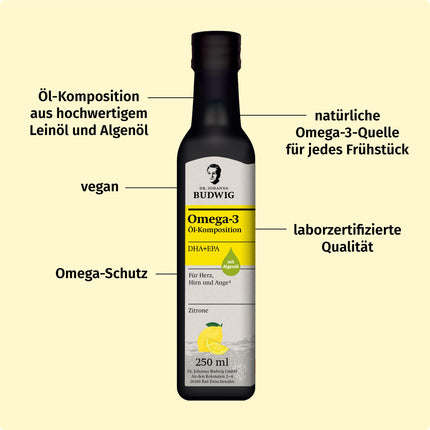 Dr. Johanna Budwig Omega 3 DHA+EPA Lemon (250ml) - Linseed oil &amp; Omega 3 algae oil - high dosage (EPA DHA) - vegan liquid algae oil, for children
