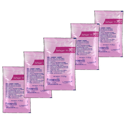5 x Safale Saflager W34/70 Beer Yeast Lager and Pilsner Beers 11.5 g 10–15L