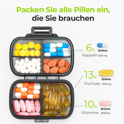 AUVON 7-Day Pill Box, 1 Pack Portable Pill Box with Ergonomic Locking System, Compact Travel Medicine Box 7 Days with 7 Deep Compartments for Fish Oils, Vitamins (Black)