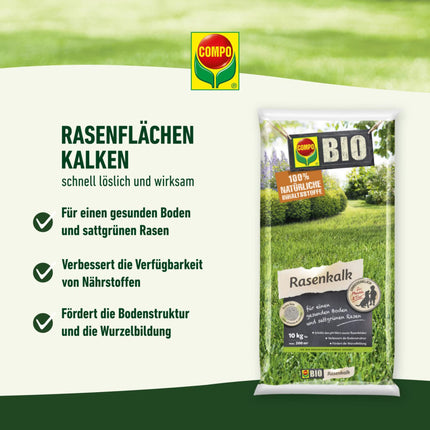 COMPO BIO Lawn Lime, To increase the pH of acidic soils, For 200 m², Fine Granules, 10 kg