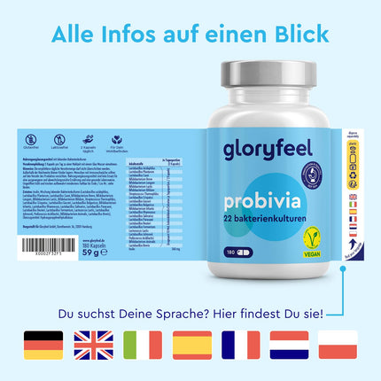Probivia® Culture Complex with 500 billion CFU/g* - 22 bacterial strains + inulin - 180 gastro-resistant capsules - including Lactobacillus, Bifidobacterium -*this corresponds to 10 billion CFU per daily dose