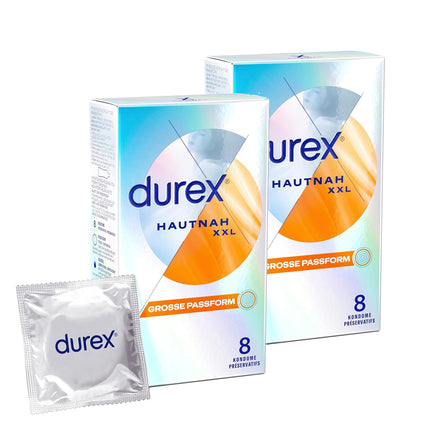 Durex Hautnah XXL Condoms – Ultra thin, with a large anatomical easy-on shape &amp; lubricated with silicone gel – 16-pack (2 x 8 condoms)