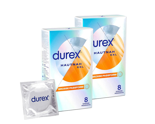 Durex Hautnah XXL Condoms – Ultra thin, with a large anatomical easy-on shape &amp; lubricated with silicone gel – 16-pack (2 x 8 condoms)