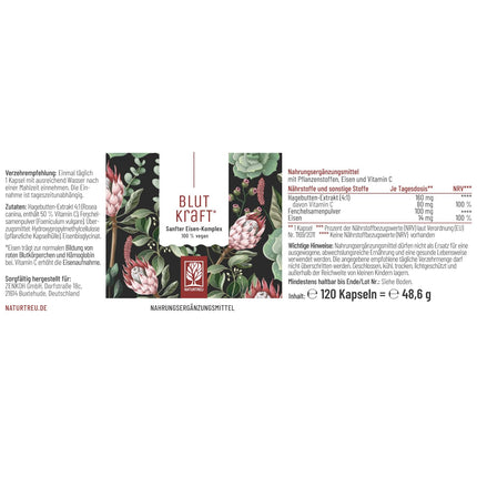 Iron Complex with Vitamin C and Fennel Vegan - 120 Capsules - Vegan iron tablets in capsule form, easier to swallow - no additives, laboratory-tested