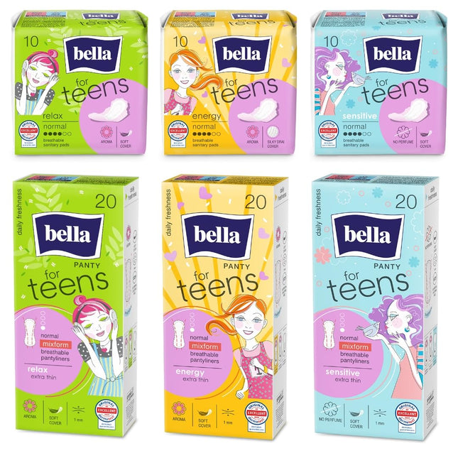 bella for Teens first period box with panty liners (3x20 pieces) and Ultra sanitary pads (3x10 pieces)