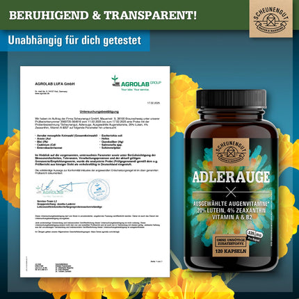 ADLERAUGE® Eye Vitamins High Dose - IMPORTANT: Laboratory-tested brand complex with lutein, zeaxanthin, blueberry extract, beta-carotene, vitamins A+B &amp; more | 120 pcs -DE- SCHEUNENGUT®
