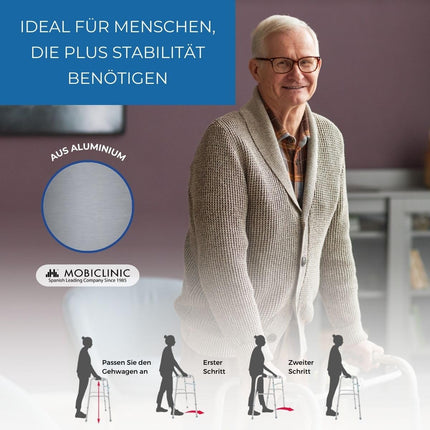 Mobiclinic®, Walking Aid, Walking Frame, Narrow, Stable, Foldable, 4 Rubber Feet, Made of Aluminum, Lightweight, European Brand, Height Adjustable, Ergonomic Handles, Only 2.5 kg, Silver, Model Columna