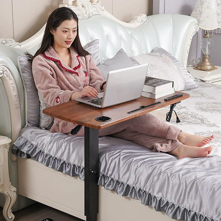 Overbed table with wheels and USB nightstand made of metal, foldable USE-Lift nightstand, laptop table with hidden wheels, with power connection, USB holes, cup holder, etc. (brown, 80 x 40 x 66