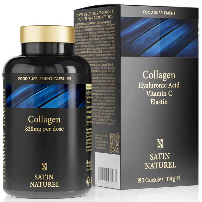 Satin Naturel Collagen Complex with Hyaluronic Acid - 180 Capsules - High-Dose Hyaluronic Acid Collagen Capsules - Enriched with Vitamin C, Elastin, and Spirulina - No Additives - Made in Germany