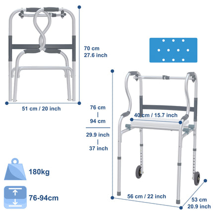 Froadp walking aid for seniors, walking frame made of aluminum, easy to adjust the height, walking aids with 2 swivel castors, non-slip, stable, walking frame, rollator, narrow for home, standing aid, ergonomic handle