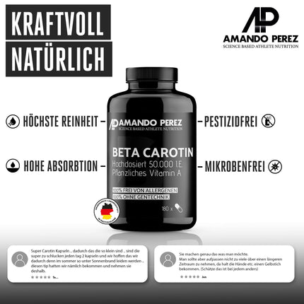 Amando Perez Beta Carotene 50,000 IU Depot Tanning Capsules - 180 Softgels High Dose &amp; Vegan - Precursor to Vitamin A - Free from Allergens &amp; Non-GMO - Natural Tan