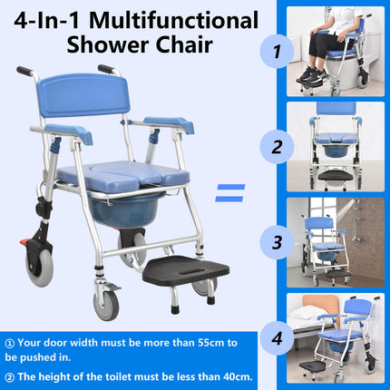 Toilet chair for seniors with wheels, multifunctional shower chair with wheels, foldable, blue shower toilet chair mobile with urine bucket, toilet wheelchair for the elderly and disabled comfort