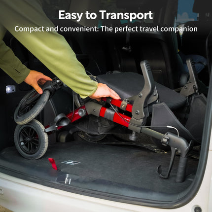 VOCIC 2 in 1 Wheelchair Rollator Foldable and Lightweight with Seat, Outdoor Rubber Tires for All Terrain, Lightweight Rollators with Mesh Bag, Aluminum Walking Aid Transport Chair, Red (5 Year Warranty)