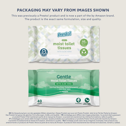 by Amazon Gentle Moist Toilet Paper with Aloe Vera, Flushable, 240 Count (6 Packs of 40 Sheets Each) (Formerly Presto Brand!)