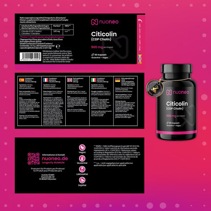 Citicoline CDP Choline 500mg, 60 Capsules, High Bioavailability, No Additives, Full 500 mg Citicoline/CDP Choline per Capsule from nuoneo