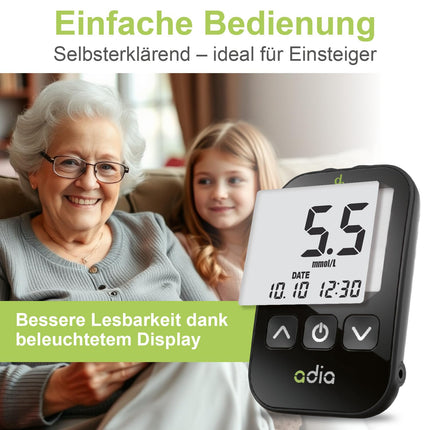 adia blood glucose meter (mmol) with 60 blood glucose test strips, 10 lancets, 1 lancing device, 1 case, value set for blood glucose self-monitoring in diabetes