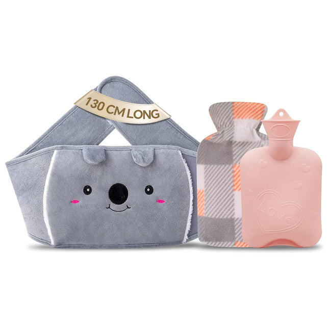 Hot water bottle belt 1L 130cm Extra long 3 in 1 Koala hot water bottle belt extremely fluffy, made of rubber with soft waist cover hot water bottle for neck, shoulder, back, legs, waist