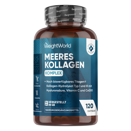 Marine Collagen Complex - 1200mg Hydrolyzed Fish Collagen Peptides - With Hyaluronic Acid, CoQ10, Vitamin C, Zinc - 120 Collagen Hyaluronic Acid Capsules - WeightWorld