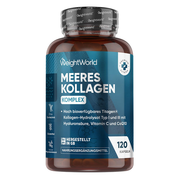 Marine Collagen Complex - 1200mg Hydrolyzed Fish Collagen Peptides - With Hyaluronic Acid, CoQ10, Vitamin C, Zinc - 120 Collagen Hyaluronic Acid Capsules - WeightWorld