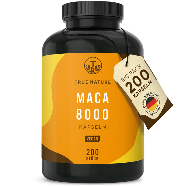 Maca Capsules Gold 20:1 high-dose - 8000 mg per capsule (200 capsules) Premium Maca Extract - Vegan, German production - TRUE NATURE®