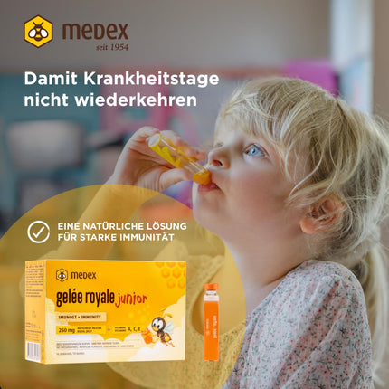 Medex Royal Jelly JUNIOR, fresh royal jelly 250 mg, with natural vitamins A, C, and E, excellent taste, no sweeteners, for children 3+, liquid in ampoules 10 x 9 ml