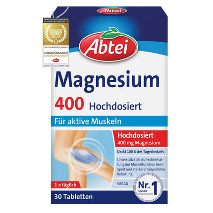Abtei Magnesium 400 - high-dose magnesium - for active muscles - gluten-free, lactose-free, and vegan - 30 tablets
