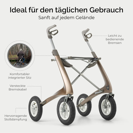 byACRE Carbon Overland/All Terrain Carbon Rollator/Shock-absorbing, large pneumatic tires/Lightweight 6.7 kg/Foldable with seat/Bentley Brown