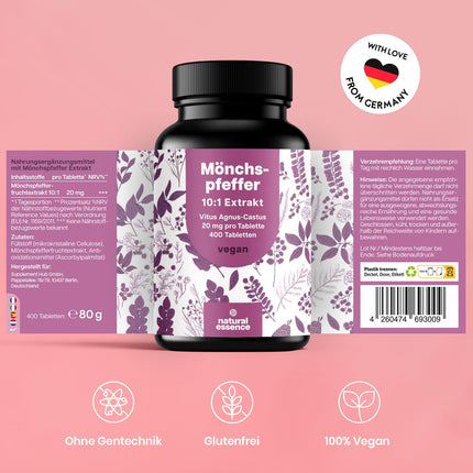High-dose chasteberry - 400 tablets - 20mg per tablet - 10:1 extract from original Agnus Castus - Dietary supplement for women - Vegan and produced in Germany. Laboratory-tested.