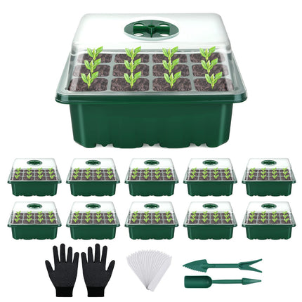 Flintronic 11-piece 132-cell indoor greenhouse propagator, mini greenhouse propagation set, greenhouse propagator with lid and ventilation, 40 plant markers, propagation tray for gardens and vegetable gardens