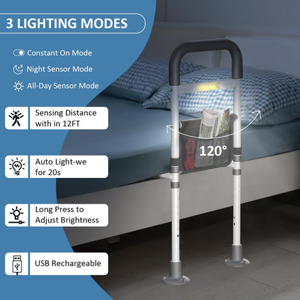 Safe bed rails for older adults, bed riser, bed rails for older people and adults, bed entry aid, height adjustable grab bar bed guard, LED sensor light