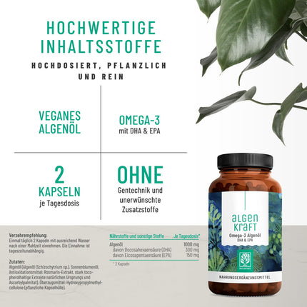 NATURTREU® Algenkraft - Omega 3 Vegan from algae oil – 1000mg Omega 3 algae oil from sustainable cultures – Microalgae oil with a high dose of DHA &amp; EPA in the optimal ratio – Laboratory-tested