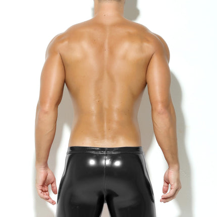 Bodywear4you Men's Leather Boxer Shorts with Shiny Patent Leather Look, Wetlook Sexy Underwear, Clubwear Jockstraps with Open Crotch Ouvert Shorts Long Pants (Black, XXL)