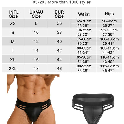 sunshinelady Men's Thong PU Leather Large Size Men's String Underwear with Elastic Waistband Sexy Briefs Lingerie for Men Sissy Gay Briefs U-Pouch Sexy Underwear Underpants Cut-Out Design Black M